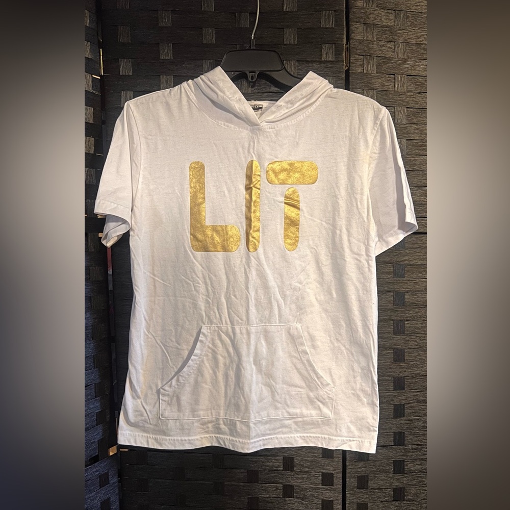 Always “LIT” Gold Foil Short‑Sleeve Hoodie – White